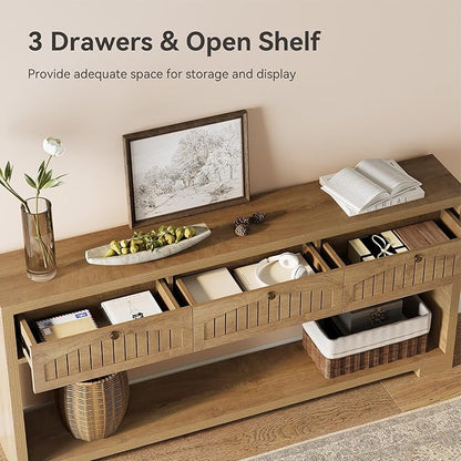 LITTLE TREE 70.8-Inch Long Console Table with 3 Drawers, Farmhouse Narrow Entryway Table for Hallway, Entry, Behind Couch, Sofa, Entrance, Living Room, Foyer with 2-Tier Shelves, Light Brown