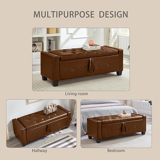 Furniliving Storage Bench, 48‘’ Upholstered PU Leather Ottoman Bench with Button-Tufted, Folding Bedroom Bench with Wood Legs, Entryway Bench for Bedroom, Brown