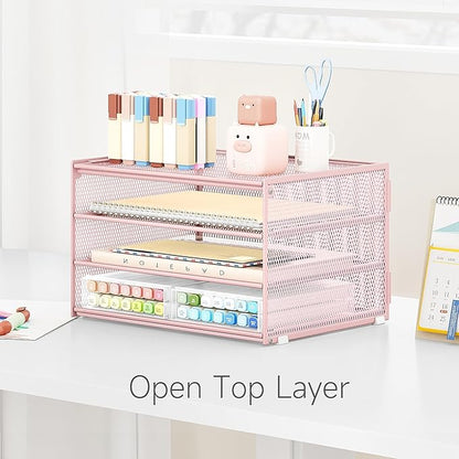 Lavatino 3-Tier Letter Tray Desk Paper Organizer – Pink Mesh Metal File Tray Organizer for Desk, Office Supplies & Home Organization | Fits A4/Letter Paper, Mail, Magazines and Office Accessories