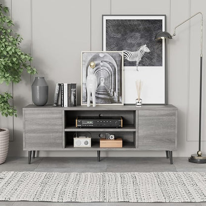 JUMMICO TV Stand for 65 Inch TV, Mid Century Modern TV Stand, Entertainment Center with Storage Cabinet and Open Shelves, TV Console Table Media Cabinet for Living Room, and Bedroom (Gray)