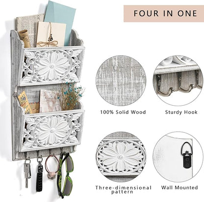 2-Slot Mail Organizer Wall Mount with 4 Hooks, Rustic Key and Mail Holder for Home Decorative, Wooden Key Hangers Wall File Organizer Letter Sorter for Letter Magazines