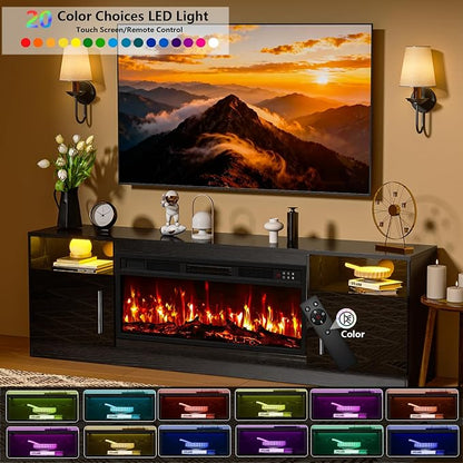 PRETZI Fireplace TV Stand with 36" Fireplace Up to 80" TVs, 70" Entertainment Center with LED Lights, Remote Control, TV Media Console with Storage Cabinets for Living Room, Black