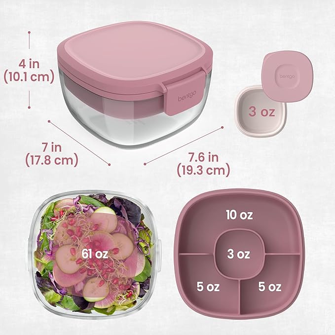 Bentgo Glass Salad Container - 7.6-Cup Salad Bowl with Airtight Lid, Leak-Proof Sauce Container, 4-Compartment Bento Tray & Reusable Fork - BPA-Free for Meal Prep, Office & More (Rose)