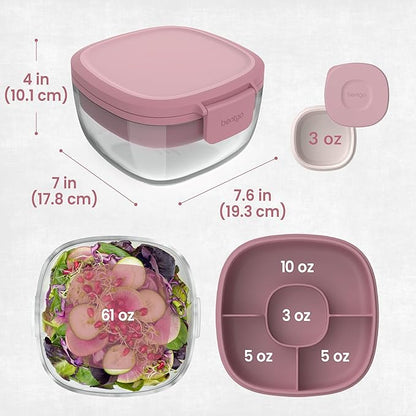 Bentgo Glass Salad Container - 7.6-Cup Salad Bowl with Airtight Lid, Leak-Proof Sauce Container, 4-Compartment Bento Tray & Reusable Fork - BPA-Free for Meal Prep, Office & More (Rose)