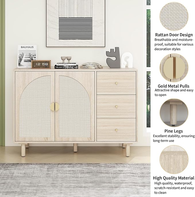 Beige 2 Door 3 Drawer Rattan Cabinet, Accent Storage Cabinets with Cane Door, Stylish Boho Buffet Table with Storage,Black Rattan Cabinet Wood Credenza for Dining Room,Bathroom,Study,Kitchen