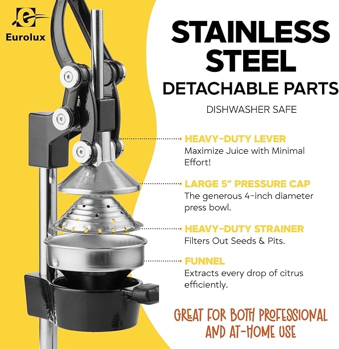 Eurolux Ultra-Premium Cast Iron Juicer | Extra-Large, Heavy Duty, Commercial Grade, Stainless Steel Manual Hand Press Citrus Squeezer For Fresh Orange Juice, Pomegranate, Lemon, and Much More (Black)