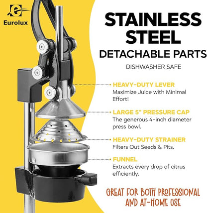 Eurolux Ultra-Premium Cast Iron Juicer | Extra-Large, Heavy Duty, Commercial Grade, Stainless Steel Manual Hand Press Citrus Squeezer For Fresh Orange Juice, Pomegranate, Lemon, and Much More (Black)