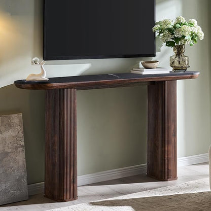 OKD 63 Inch Modern Console Table with Arc Faux Marble Texture Top, Fluted Wood Base, Contemporary Entryway Sofa Table for Living Room, Hallway, Foyer, Dark Walnut