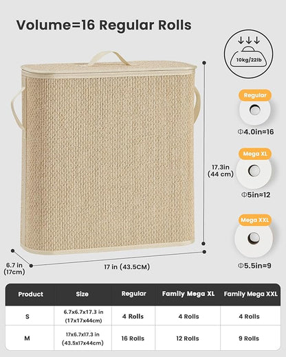 Bamboo Toilet Paper Storage Basket with Lid & Handle - 32L Large Capacity Handwoven Bathroom Organizer for 16 Rolls - Sturdy Stand Holder for Toilet Paper Organization, Light Natural
