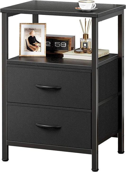 Huuger Night Stand with 2 Drawers, Bed Side Table with Open Shelf, Wooden Top, Nightstand for Bedroom, End Table for Small Space, Fabric Drawer, Black