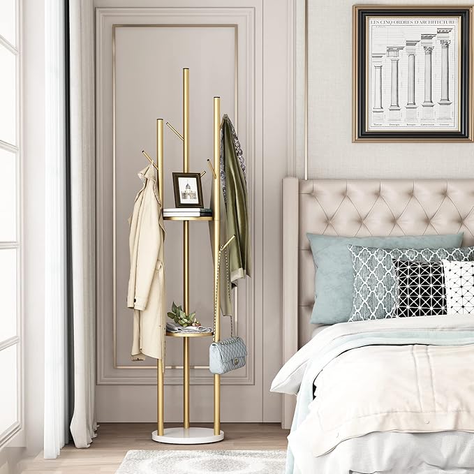Metal Gold Coat Racks Freestanding, Coat Hanger Stand, Hall Tree Rack for Hanging Hats, Scarves, Bags, Modern Coat Rack with Double Shelves, Corner Coat Rack, 9 Hooks, Gold