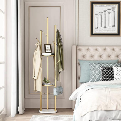 Metal Gold Coat Racks Freestanding, Coat Hanger Stand, Hall Tree Rack for Hanging Hats, Scarves, Bags, Modern Coat Rack with Double Shelves, Corner Coat Rack, 9 Hooks, Gold