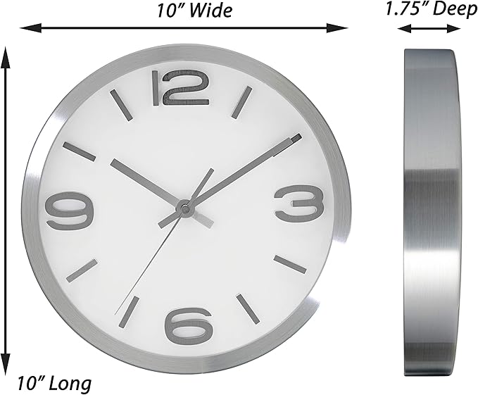 Bernhard Products Modern Wall Clock 10 Inch Silver Silent Non Ticking Battery Operated Round Elegant Metal Quality Quartz for Kitchen Home Office Clock with 3D Numbers, Easy to Read