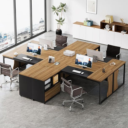 L Shaped Executive Computer Desk with Mobile File Cabinet and LED Light, 63 inch Large Office Table Business Furniture with Storage and Drawers for Home Office, Dark Walnut