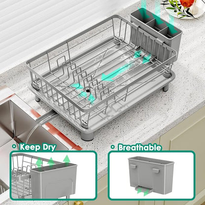 GAOKASE Dish Drying Rack, Stainless Steel-Dish Rack, Dish Racks for Kitchen Counter, Kitchen Dish Drainers with Removable Utensil Holder,New Drain Outlet,Plate Rack and Drainboard,(gray-11 W x 15" L)