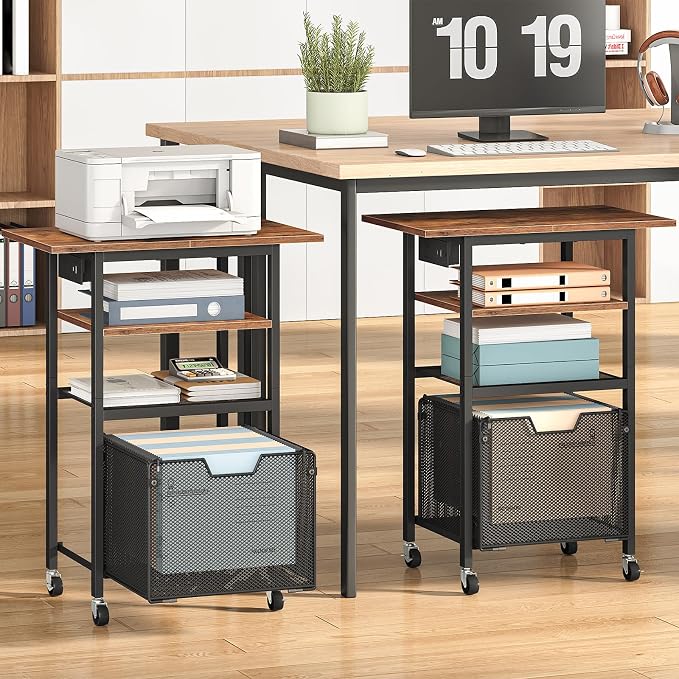 HOOBRO Printer Stand, Printer Table with Charging Station, Printer Cart with Hanging File Folder Organizer, Rolling File Cabinet Cart, Shelf for Home Office, Rustic Brown and Black BF17UPS01