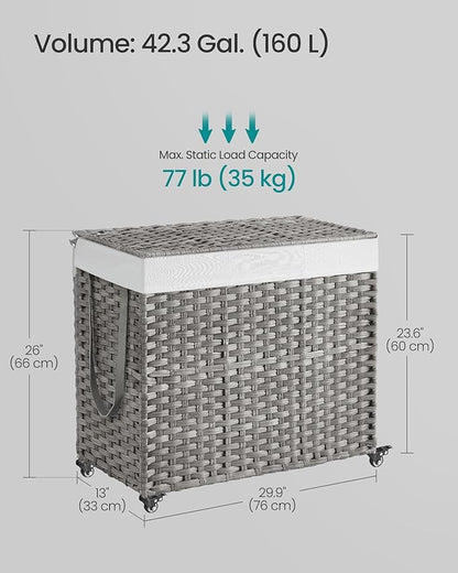 SONGMICS Laundry Hamper with Lid, 42.3 Gallons (160 L), Rolling Laundry Basket with Wheels, 3-Section Synthetic Rattan, Removable Liner, Bedroom, 29.9 x 13 x 26 Inches, Gray ULCB365G01