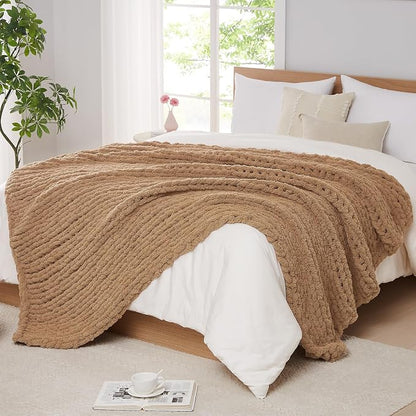 L'AGRATY Chunky Knit Blanket Throw: 60''x80'' Chenille Chunky Knitted Throw Blanket for Bed Couch - Handmade Thick Big Cable Knit Blanket - Large Crochet Rope Blankets for Home Decor(Tan)
