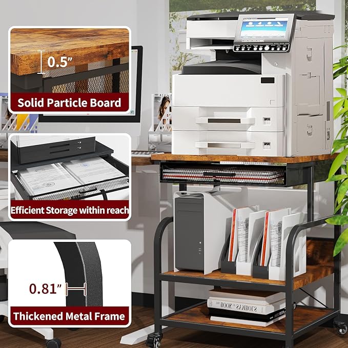 TFK 3-Tier Printer Stand with Drawer, Adjustable Shelf, Rolling Casters, 23.6 x 18.9 x 30 Inch Heavy Duty Printer Cart for Home Office, Large Printers, 3D Printers, Fax & Heat Press, Brown