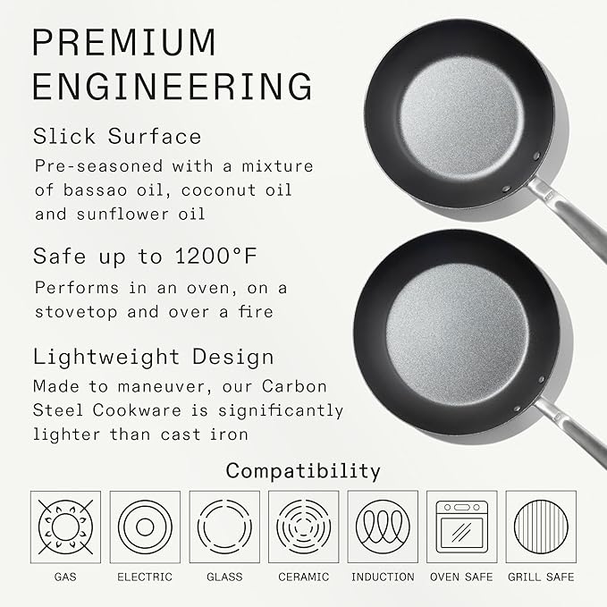 Made In Cookware | 2 Piece (Includes 10",12") Seasoned Carbon Steel Frying Pan | (Like Cast Iron, but Better) | Professional Cookware | Crafted in Sweden | Induction Compatible