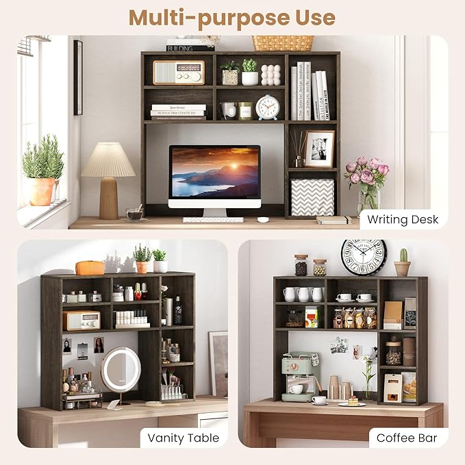Desk Hutch, Desktop Shelf with 7 Shelves, Desk Bookshelf w/Anti-Toppling Devices, Wood Table Top Bookshelf Organizer, Small Desk Shelf for Study, Office, Dorm (Grey, 7 Shelves)