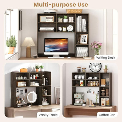 Desk Hutch, Desktop Shelf with 7 Shelves, Desk Bookshelf w/Anti-Toppling Devices, Wood Table Top Bookshelf Organizer, Small Desk Shelf for Study, Office, Dorm (Grey, 7 Shelves)