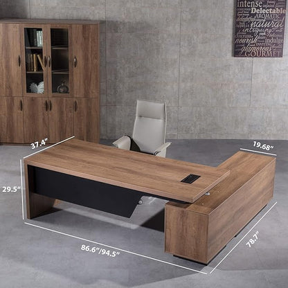 Retractable L-Shaped Executive Desk, Modern Office Desk with Drawers and Lateral File Cabinet, Large Computer Desk with Storage Shelves, Workstation for Home Office (Left Return, 86.6 - 94.5 IN)