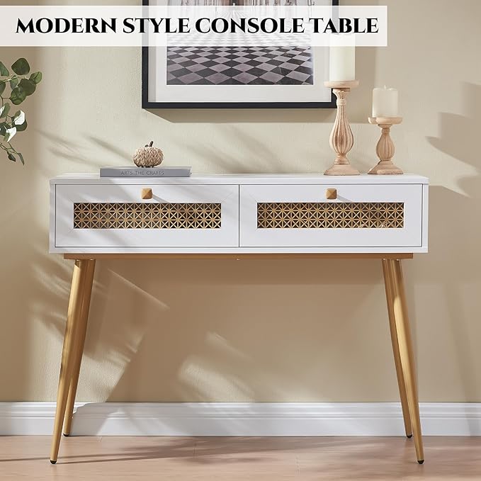 Mid-Century Style Entryway Table, Console Table with Two Drawers, Narrow Sofa Table for Living Room, Hallway, Rectangular, White