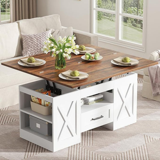 kepptory 39.4'' Lift Top Coffee Table with Storage, 4 in 1 Multi-Function Convertible Coffee Tables for Living Room, Farmhouse Coffee Table with Open Storage Compartment & Drawers (Brown&White)