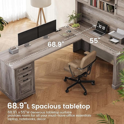 Itaar Farmhouse Executive L Shaped Desk, Home Office Desk with File Drawer and Power Outlet, Computer Corner Desk with Hutch and Drawer, Workstation for Office Home, Grey