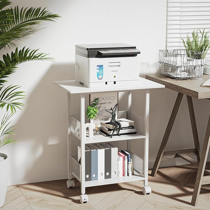 BOHDK Printer Stand, 3-Tier Industrial Large Printer Table with Shelf, 23"x15" Mobile Heavy Duty Storage Rack on Wheels for Home Office Printer Fax Machine Scanner Copier, White