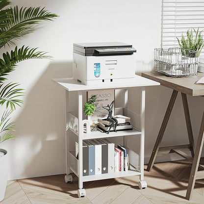 BOHDK Printer Stand, 3-Tier Industrial Large Printer Table with Shelf, 23"x15" Mobile Heavy Duty Storage Rack on Wheels for Home Office Printer Fax Machine Scanner Copier, White