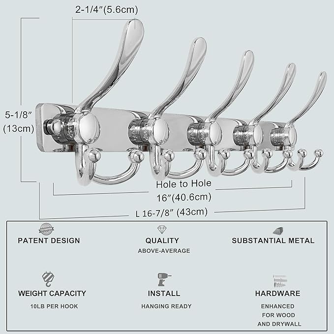 Dseap Coat Rack Wall Mount 2.0 Pro: Heavy Duty 300% Thicker, 16" Stud Mount, Stainless Steel Wall Coat Hooks Hanger for Clothes Jackets Hats Entryway Closet, MaxStrong Series, Chromed, Pack of 2