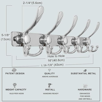 Dseap Coat Rack Wall Mount 2.0 Pro: Heavy Duty 300% Thicker, 16" Stud Mount, Stainless Steel Wall Coat Hooks Hanger for Clothes Jackets Hats Entryway Closet, MaxStrong Series, Chromed, Pack of 2