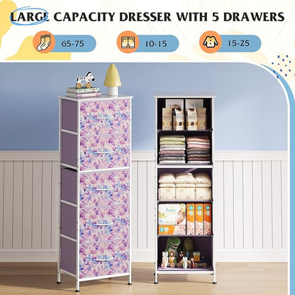 WLIVE Fabric Dresser, 5-Drawer Tall Dressers for Bedroom, Storage Dresser Organizer with Fabric Bins, Wood Top, Sturdy Steel Frame, Chest of Drawers for Closet, Tie-dye Print (Pink, Purple, Blue)