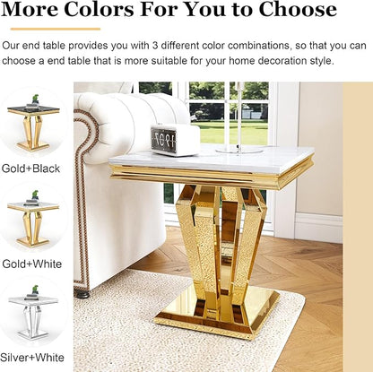 Marble End Table, Modern Square 23” Side Table with Diamond-Shape Stainless Steel Base and Faux Marble Top, Small Sofa Table for Living Room, Bedroom, Lounge (Gold,White)