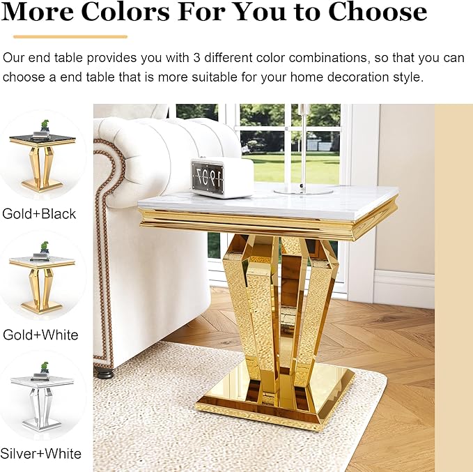 Living Room Coffee Table Set of 3, Modern Marble Coffee Table and 2 End Side Tables, 3-Piece Living Room Table Set with Stainless Steel Base for Living Room (Gold,White)
