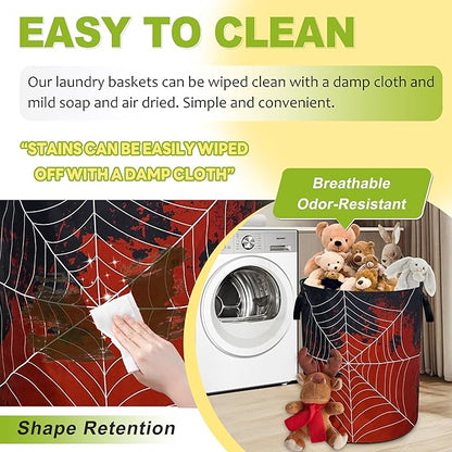 Spider Web Laundry Basket Funny Blood Splatter Foldable Waterproof Oxford Cloth Tote Bag Laundry Hamper Round Large Clothes Storage Bucket Organizer For Bathroom/Laundry Storage/Bedroom 18.9x16.5 Inch