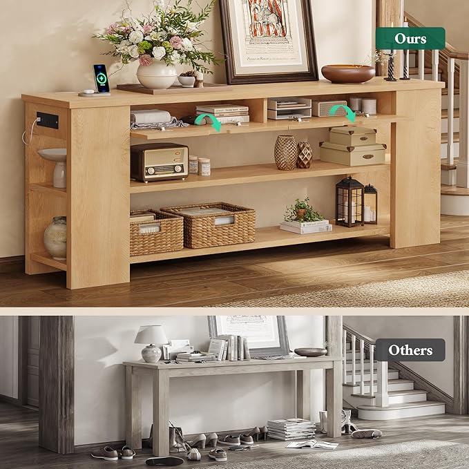 71.8" Extra Long Console Table, Farmhouse Sofa Table with Generous Storage and Built-in Outlet, Sturdy Entryway Table for Living Room, Entrance, Hallway, Foyer, Natural Wood
