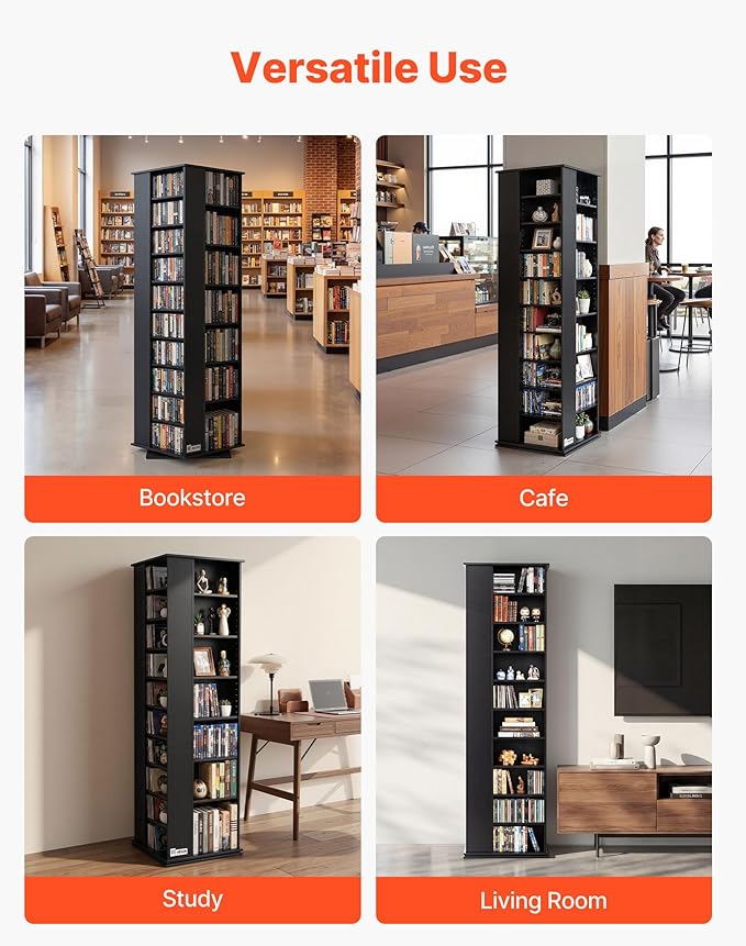 VEVOR Media Storage Cabinet, CD Rack Tower, 34 Compartments Rotating Media Tower Rack for CDs, DVDs, Books and Game Discs, DVD Stand for Living Room, Home Office and Recording Room, Black