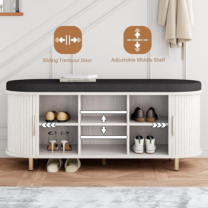 DHH 2-Tier Storage Bench, 43.3" Wide Shoe Bench with Thickened Padded Seat Cushion, Mid Century Modern Fluted Sliding Door and Adjustable Shelf, for Entryway, Living Room, Bedroom(White)