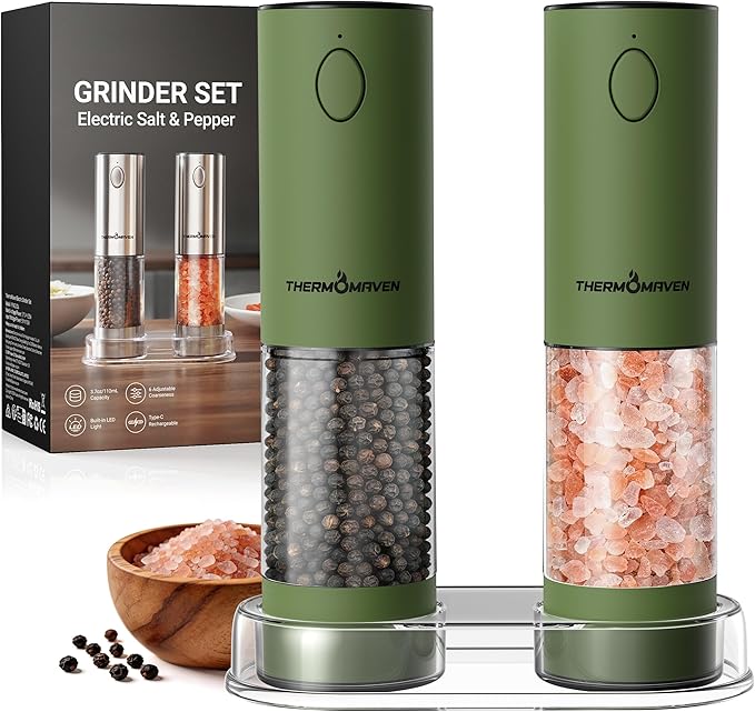 ThermoMaven Electric Salt and Pepper Grinder Set, 110ml Larger Rechargeable Automatic Salt and Pepper Mill Grinder with 6 Adjustable Coarseness, Electric Salt and Pepper Shakers, LED, Matcha