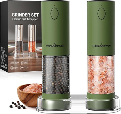 ThermoMaven Electric Salt and Pepper Grinder Set, 110ml Larger Rechargeable Automatic Salt and Pepper Mill Grinder with 6 Adjustable Coarseness, Electric Salt and Pepper Shakers, LED, Matcha