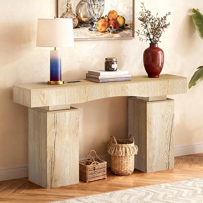 63 Inch Long Entryway Table Bold, Wooden Console Table with Socket Farmhouse Sofa Table for Entrance, Hallway, Living Room, Behind Couch(Natural Brown)
