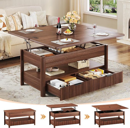 HUAHUU 40" Lift Top Coffee Table, 4 in 1 Square Coffee Table with Storage Shelf & 2 Drawers, Modern Coffee Tables with Lift Tabletop, Converts to Dining Table for Living Room, Home Office, Walnut