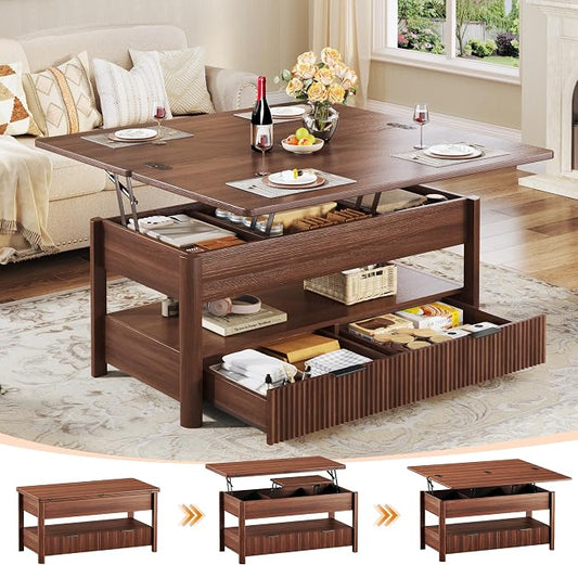 HUAHUU 40" Lift Top Coffee Table, 4 in 1 Square Coffee Table with Storage Shelf & 2 Drawers, Modern Coffee Tables with Lift Tabletop, Converts to Dining Table for Living Room, Home Office, Walnut