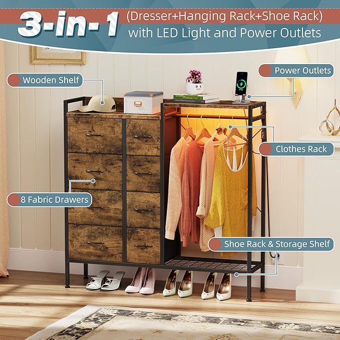 Dresser with Hanging Rack, 8-Drawer Dresser for Bedroom with Charging Station & LED Lights, Kids Dressers with Shoe Rack, Rustic Brown, 11.8" D x 42" W x 42.7" H (8 Drawers)