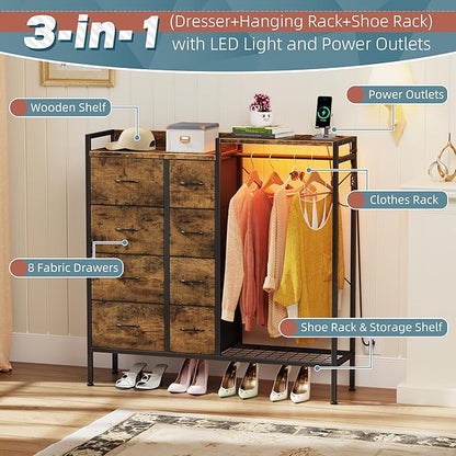Dresser with Hanging Rack, 8-Drawer Dresser for Bedroom with Charging Station & LED Lights, Kids Dressers with Shoe Rack, Rustic Brown, 11.8" D x 42" W x 42.7" H (8 Drawers)