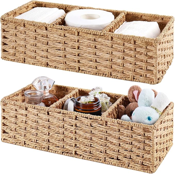 Vagusicc 3-Section Wicker Baskets for Shelves, Hand-Woven Round Paper Rope Wicker Storage Basket, Toilet Paper Basket for Toilet Tank Top, Baskets for Organizing, 2-Pack