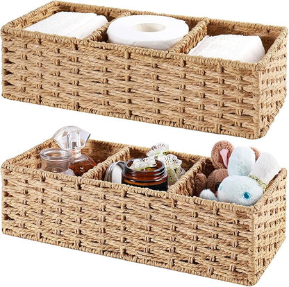 Vagusicc 3-Section Wicker Baskets for Shelves, Hand-Woven Round Paper Rope Wicker Storage Basket, Toilet Paper Basket for Toilet Tank Top, Baskets for Organizing, 2-Pack